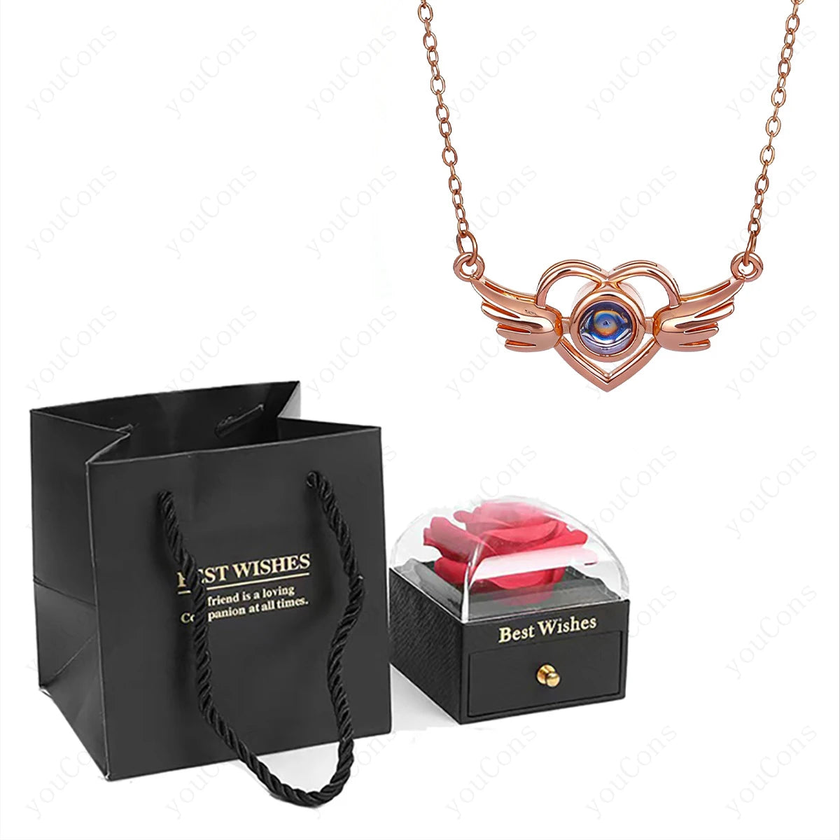 ❤️ Personalisierte Foto Projektions Halskette mit eigenem Bild – Herz Anhänger aus Edelstahl mit Rosen Geschenkbox für Damen
