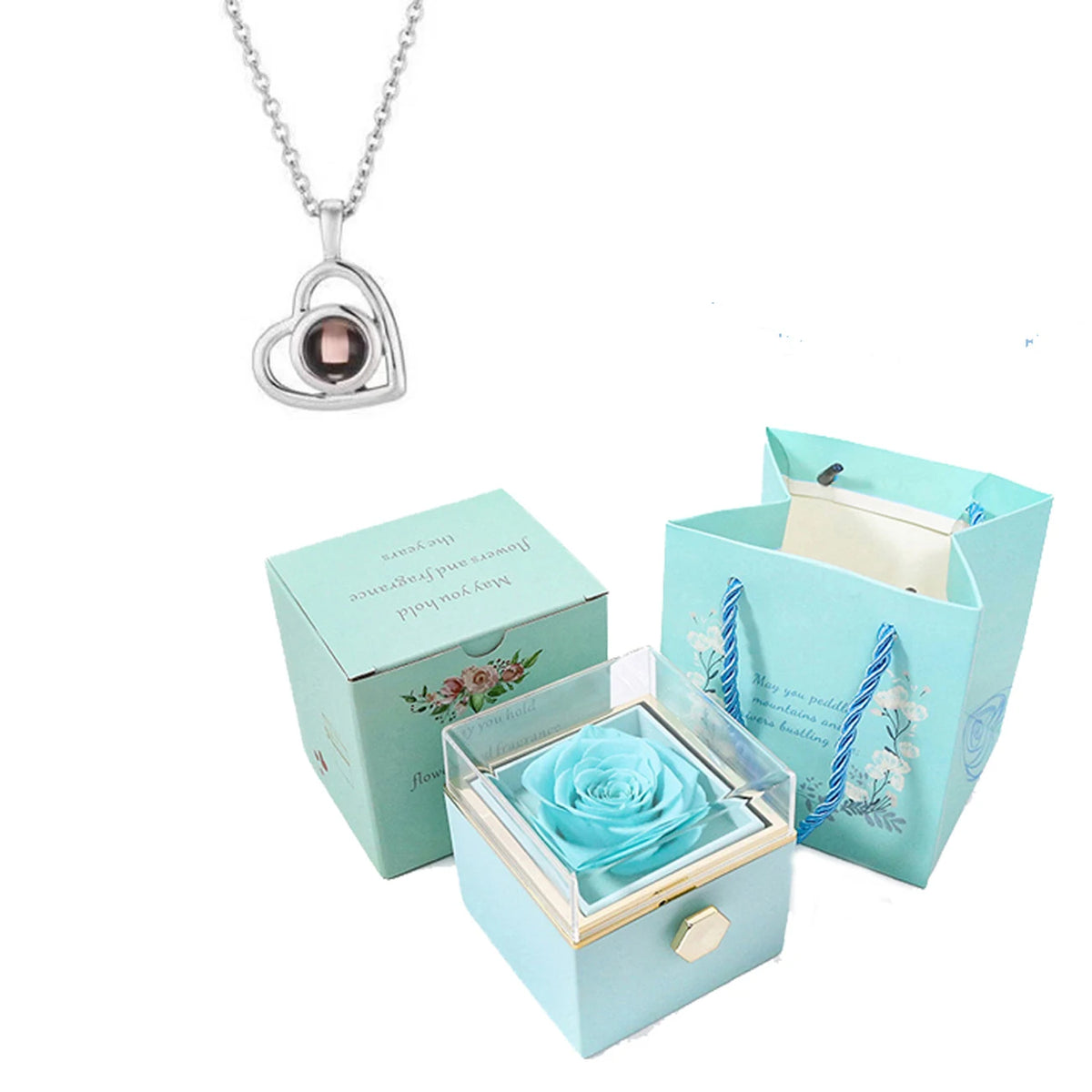 ❤️ Personalisierte Foto Projektions Halskette mit rotierender Rosen Geschenkbox – Herz Anhänger aus Edelstahl mit eigenem Bild für Damen