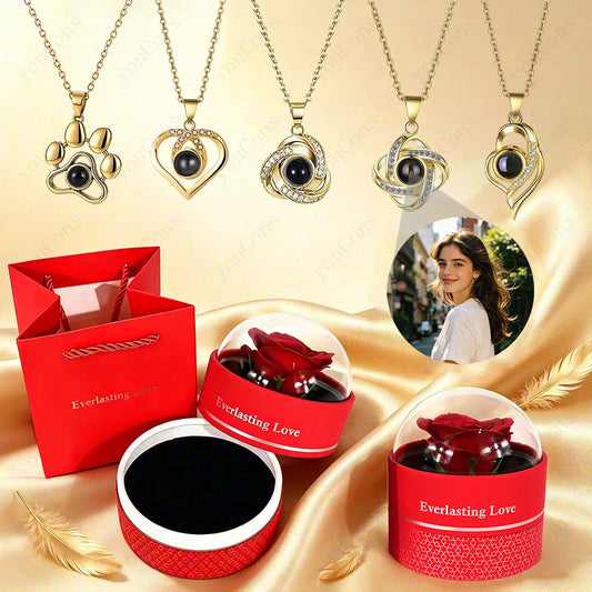 ❤️ Personalisierte Foto Projektions Halskette mit eigenem Bild – Edelstahl Halskette mit luxuriöser roter Rosen Geschenkbox für Damen