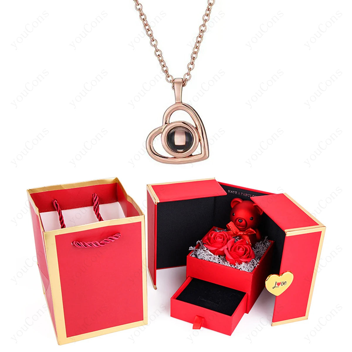 ❤️ Personalisierte Foto Projektions Halskette mit eigenem Bild – Herz Anhänger aus Edelstahl mit Bärchen Rosen Geschenkbox für Damen
