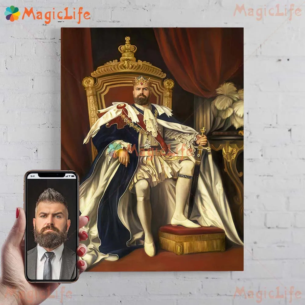 ✨ Personalisiertes Männer König & Prinz Portrait Poster – Vintage Leinwand Wandkunst