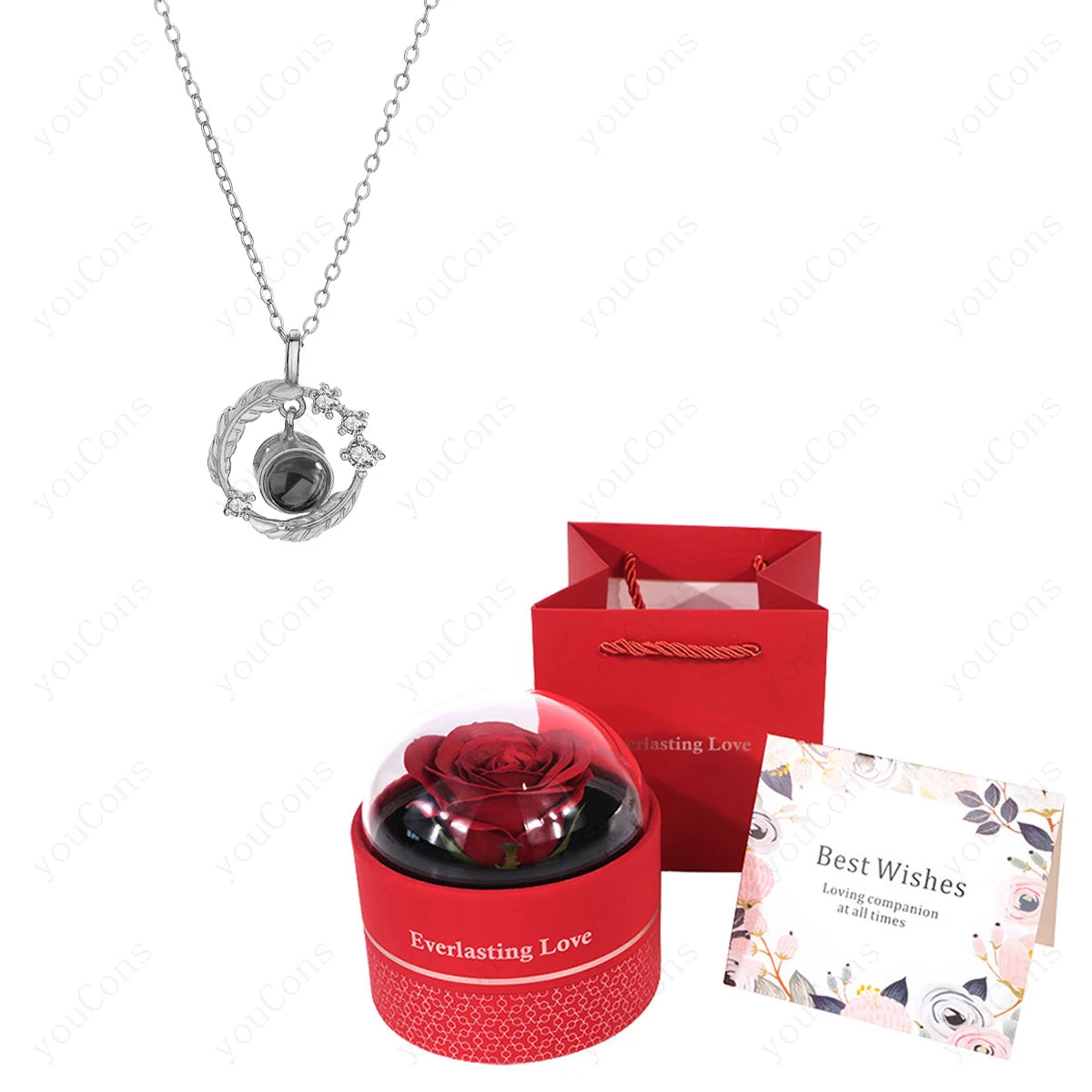 ❤️ Personalisierte Foto Projektions Halskette mit eigenem Bild – Edelstahl Halskette mit luxuriöser roter Rosen Geschenkbox für Damen