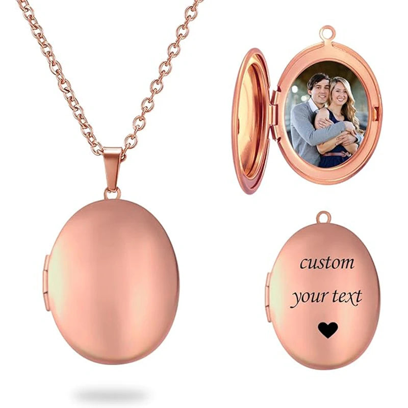 ✨ Personalisierte gravierte Blumen-Foto-Medaillon-Halskette – Ovale Erinnerungs-Halskette für Frauen