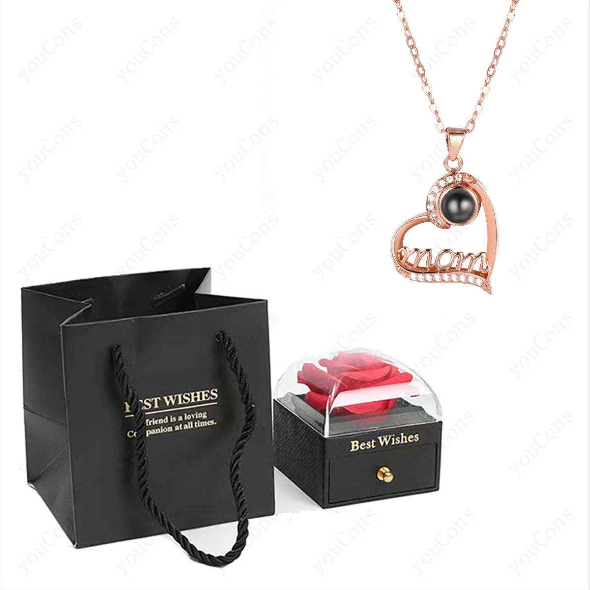 ❤️ Personalisierte Foto Projektions Halskette mit eigenem Bild – Herz Anhänger aus Edelstahl mit Rosen Geschenkbox für Damen