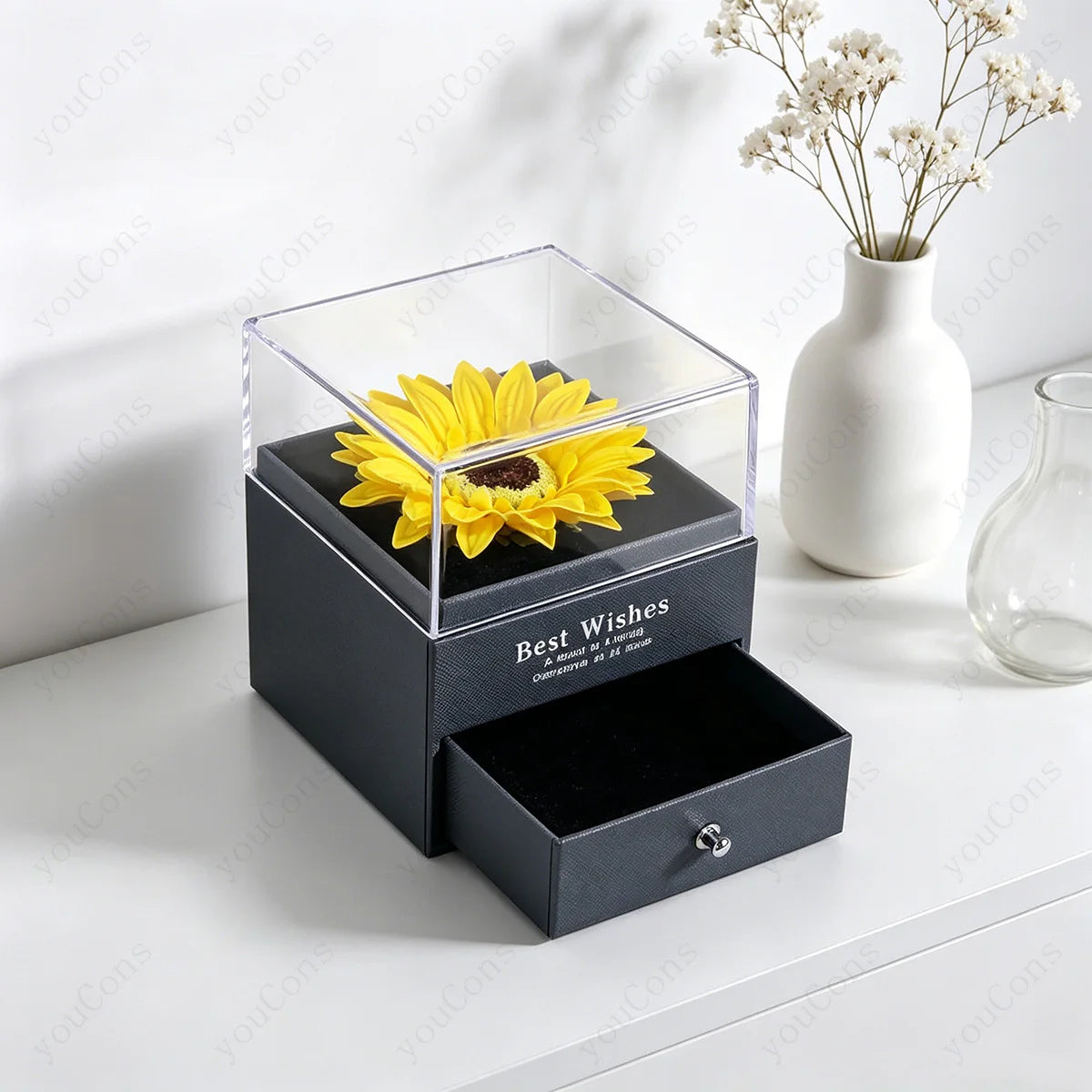 ❤️ Personalisierte Foto Projektions Halskette mit eigenem Bild – Edelstahl Anhänger mit Sonnenblumen Geschenkbox für Damen