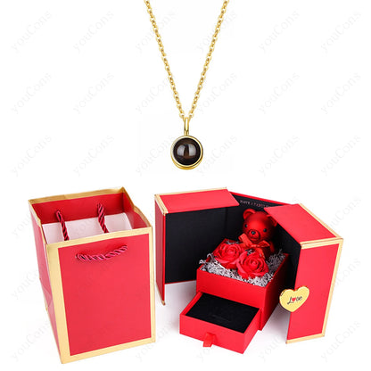 ❤️ Personalisierte Foto Projektions Halskette mit eigenem Bild – Herz Anhänger aus Edelstahl mit Bärchen Rosen Geschenkbox für Damen