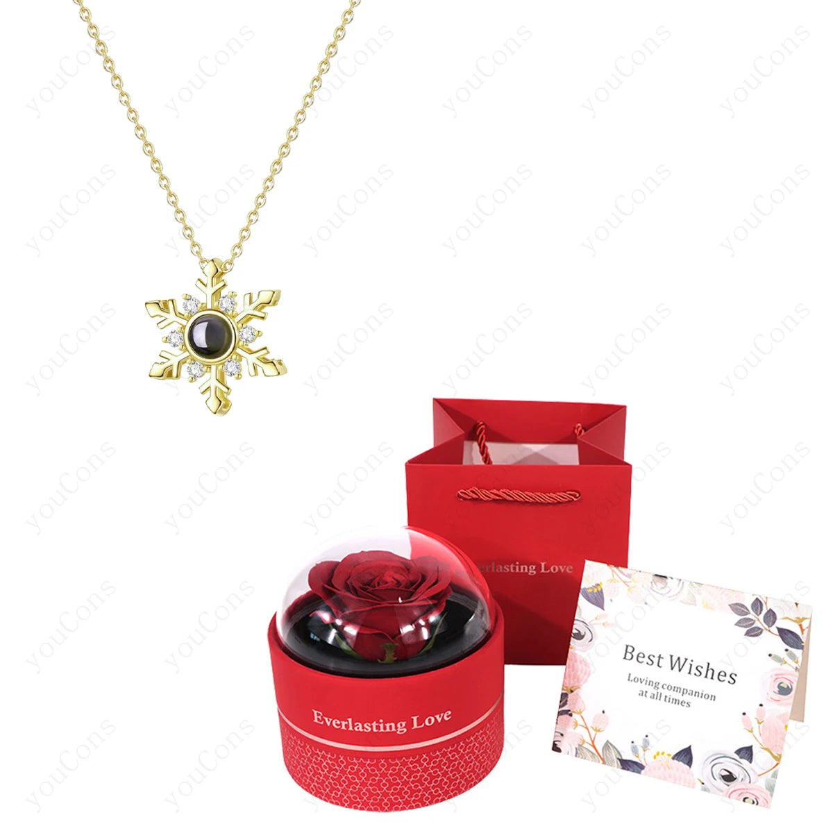❤️ Personalisierte Foto Projektions Halskette mit eigenem Bild – Edelstahl Halskette mit luxuriöser roter Rosen Geschenkbox für Damen