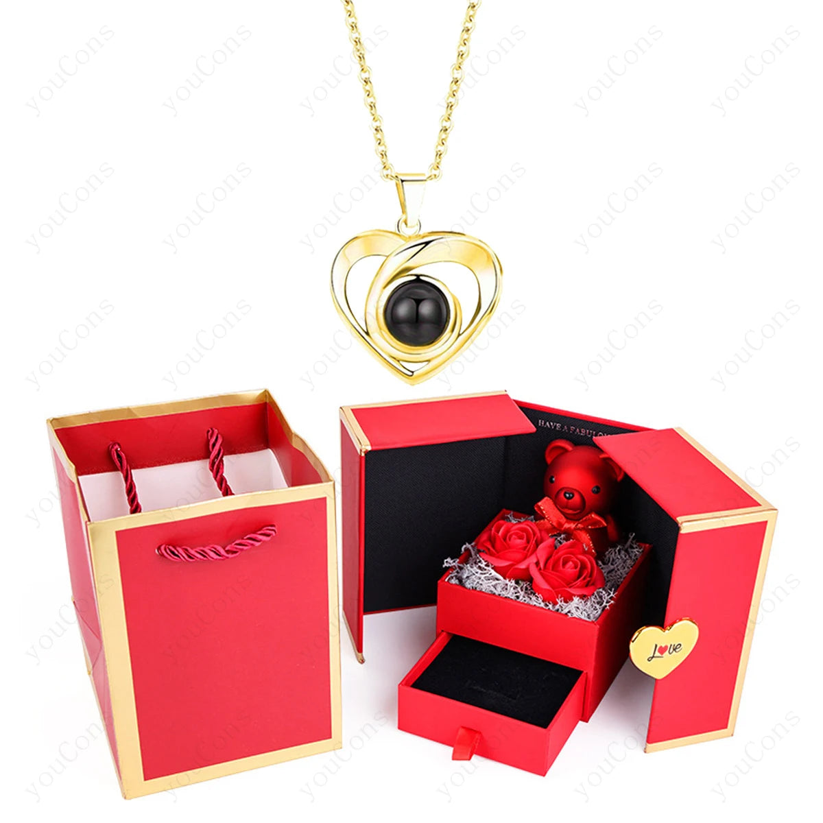 ❤️ Personalisierte Foto Projektions Halskette mit eigenem Bild – Herz Anhänger aus Edelstahl mit Bärchen Rosen Geschenkbox für Damen