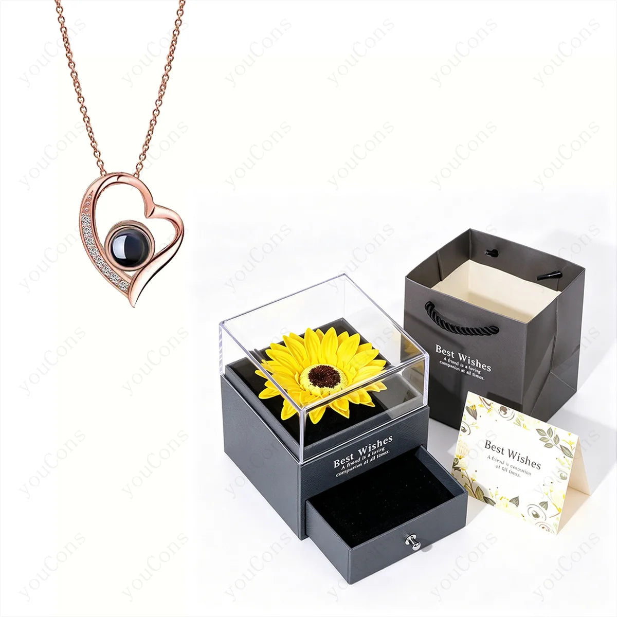 ❤️ Personalisierte Foto Projektions Halskette mit eigenem Bild – Edelstahl Anhänger mit Sonnenblumen Geschenkbox für Damen