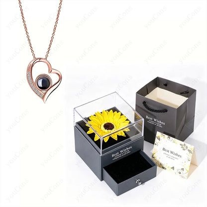 ❤️ Personalisierte Foto Projektions Halskette mit eigenem Bild – Edelstahl Anhänger mit Sonnenblumen Geschenkbox für Damen