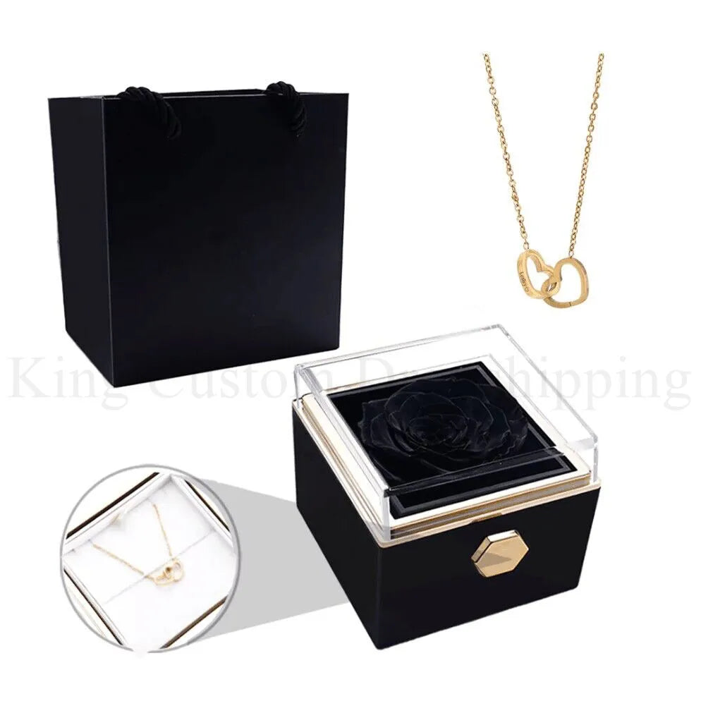🌹 Ewige Rose mit personalisierter Namenskette – Doppelherz Geschenkbox mit Drehfunktion