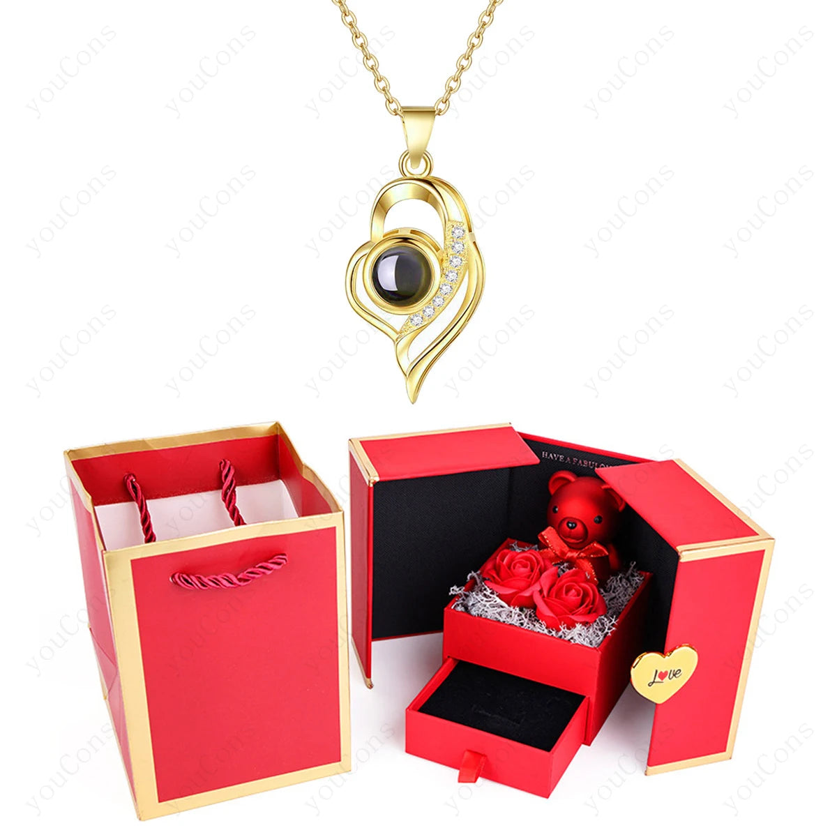 ❤️ Personalisierte Foto Projektions Halskette mit eigenem Bild – Herz Anhänger aus Edelstahl mit Bärchen Rosen Geschenkbox für Damen