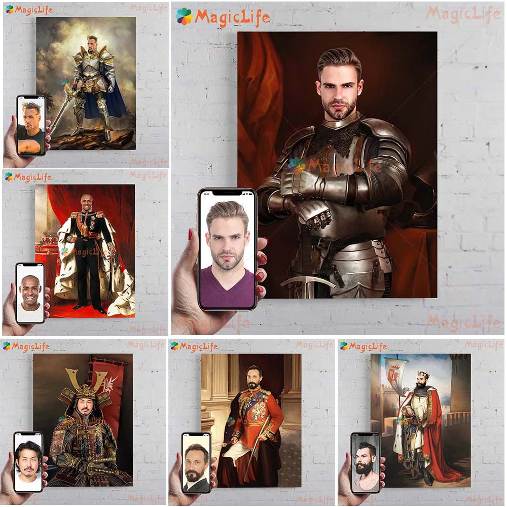 ✨ Personalisiertes Männer König & Prinz Portrait Poster – Vintage Leinwand Wandkunst