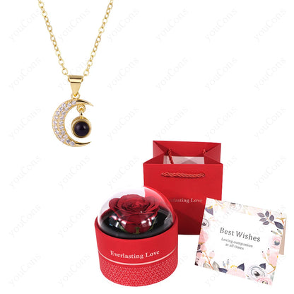 ❤️ Personalisierte Foto Projektions Halskette mit eigenem Bild – Edelstahl Halskette mit luxuriöser roter Rosen Geschenkbox für Damen