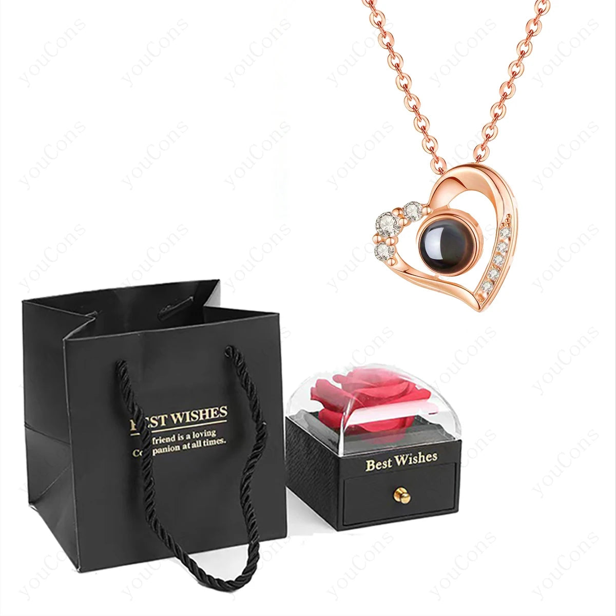 ❤️ Personalisierte Foto Projektions Halskette mit eigenem Bild – Herz Anhänger aus Edelstahl mit Rosen Geschenkbox für Damen