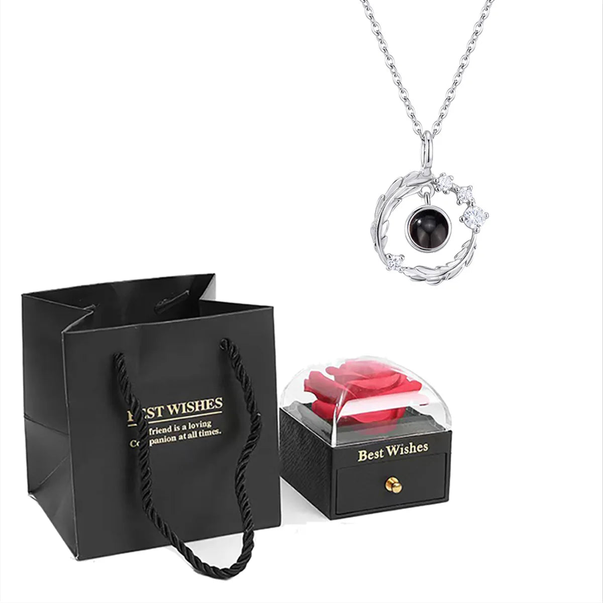 ❤️ Personalisierte Foto Projektions Halskette mit eigenem Bild – Herz Anhänger aus Edelstahl mit schwarzer Rosen Geschenkbox für Damen