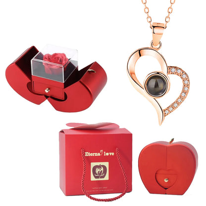 ❤️ Personalisierte Foto Projektions Halskette mit eigenem Bild – Herz Anhänger aus Edelstahl mit Apfelrosen Geschenkbox für Damen & Haustiere