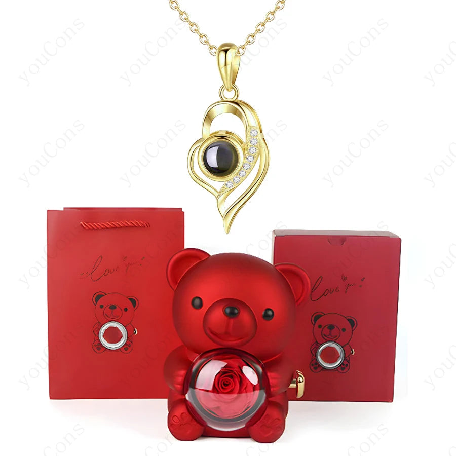 ❤️ Personalisierte Foto Projektions Halskette mit eigenem Bild – Herz Anhänger aus Edelstahl mit Bären Rosen Geschenkbox für Damen
