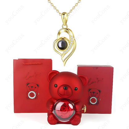 ❤️ Personalisierte Foto Projektions Halskette mit eigenem Bild – Herz Anhänger aus Edelstahl mit Bären Rosen Geschenkbox für Damen