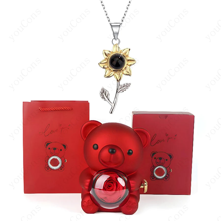 ❤️ Personalisierte Foto Projektions Halskette mit eigenem Bild – Herz Anhänger aus Edelstahl mit Bären Rosen Geschenkbox für Damen