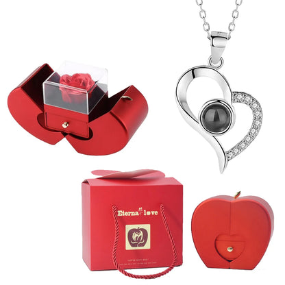 ❤️ Personalisierte Foto Projektions Halskette mit eigenem Bild – Herz Anhänger aus Edelstahl mit Apfelrosen Geschenkbox für Damen & Haustiere