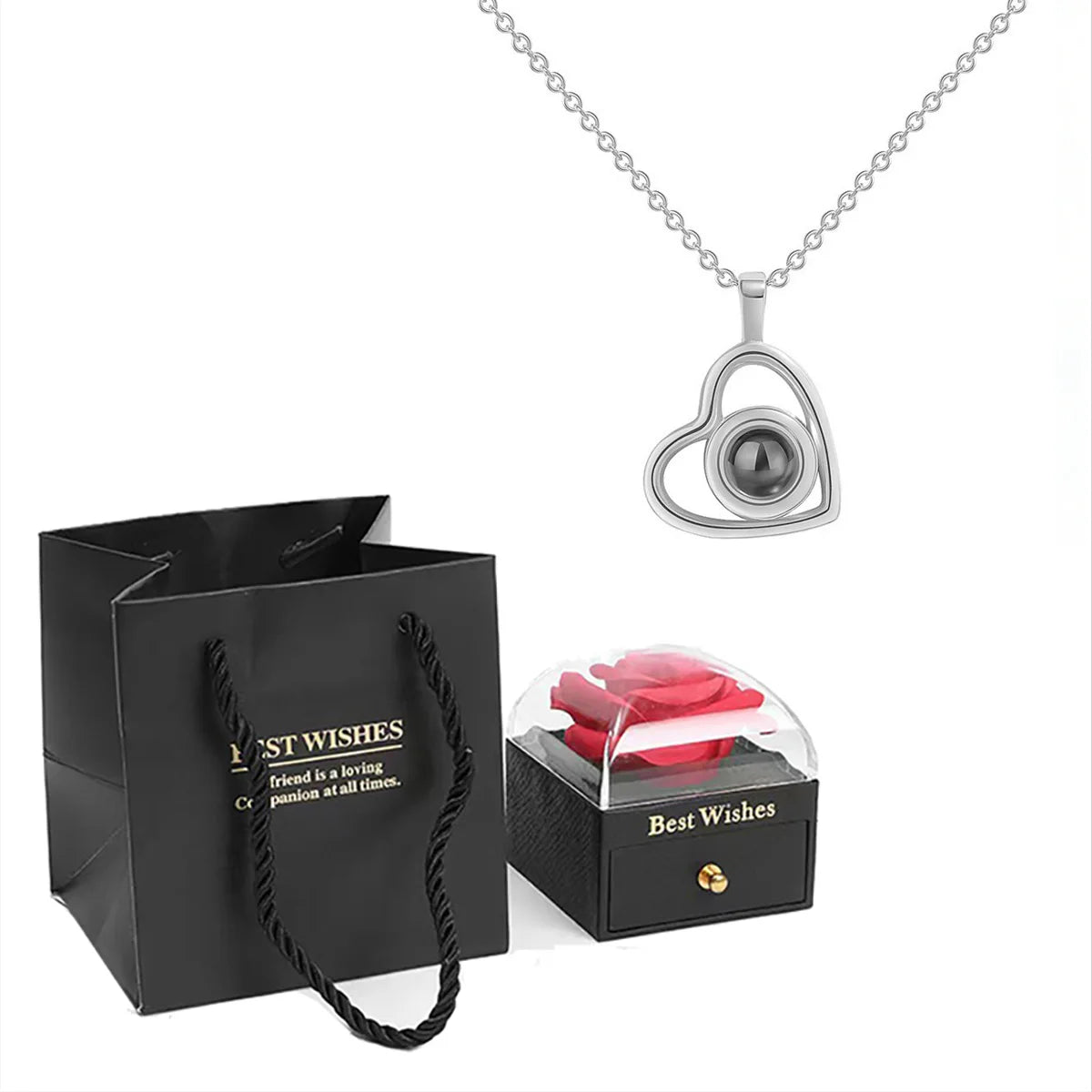 ❤️ Personalisierte Foto Projektions Halskette mit eigenem Bild – Herz Anhänger aus Edelstahl mit schwarzer Rosen Geschenkbox für Damen