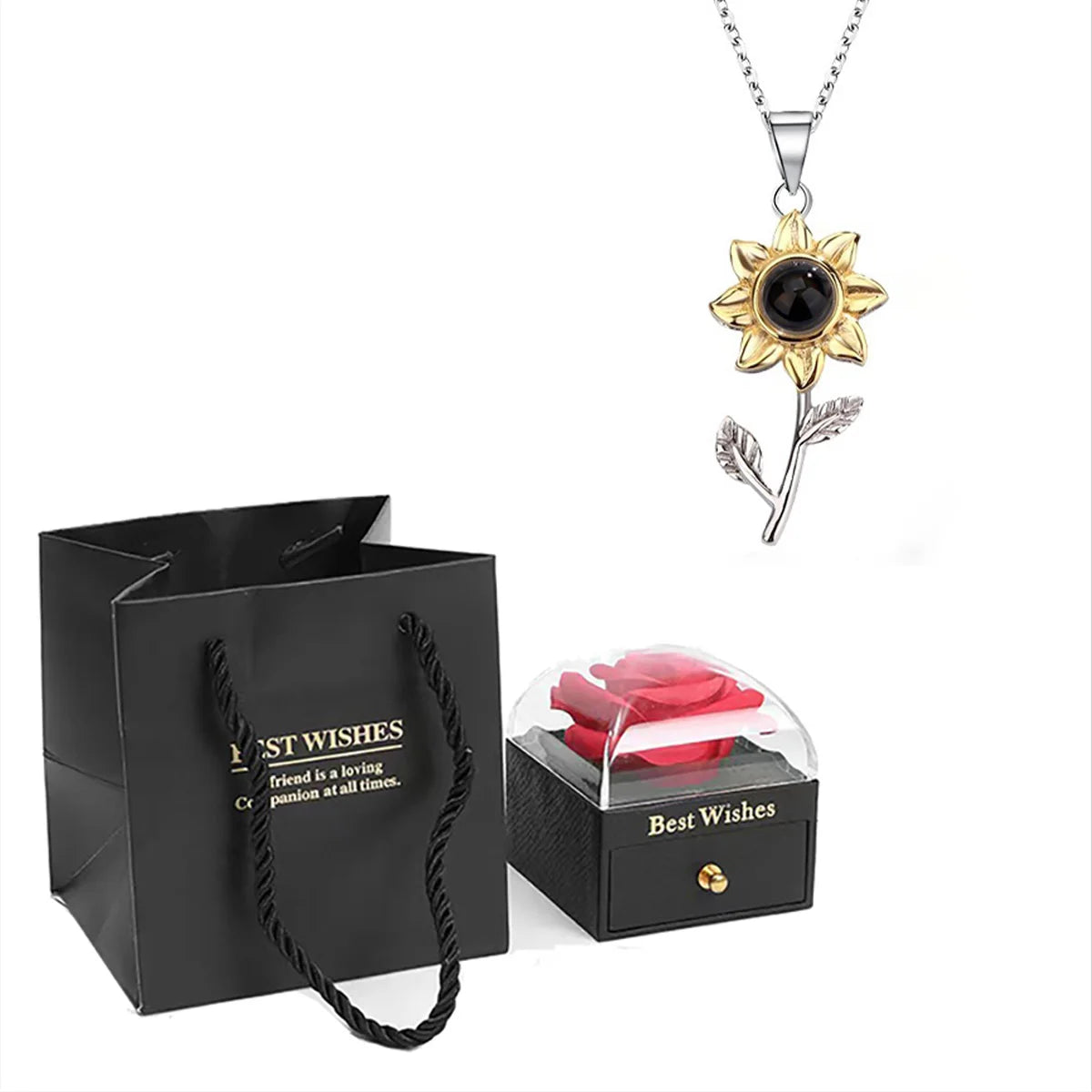 ❤️ Personalisierte Foto Projektions Halskette mit eigenem Bild – Herz Anhänger aus Edelstahl mit schwarzer Rosen Geschenkbox für Damen