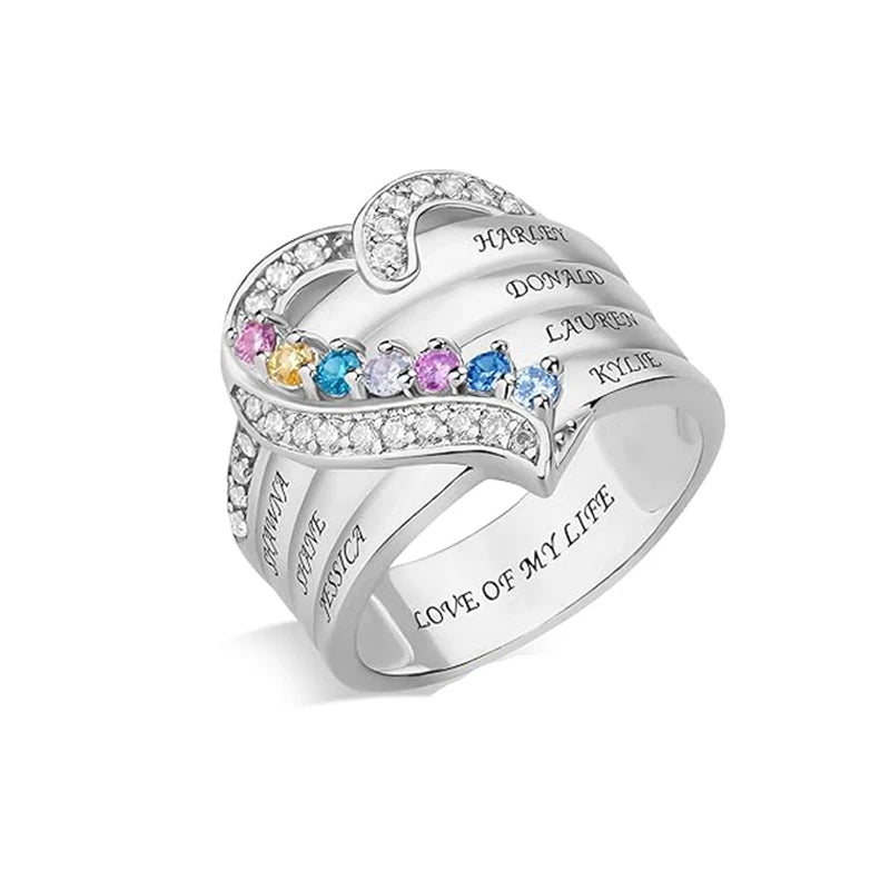 💍 Personalisierter Geburtsstein Ring mit Namen – 💎 Individueller Familienring mit Herz & Zirkonia – 🎁 Personalisiertes Geschenk für Frauen