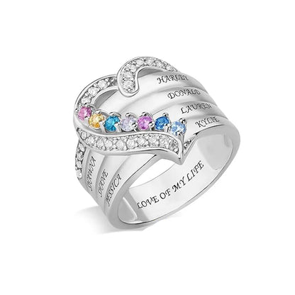 💍 Personalisierter Geburtsstein Ring mit Namen – 💎 Individueller Familienring mit Herz & Zirkonia – 🎁 Personalisiertes Geschenk für Frauen