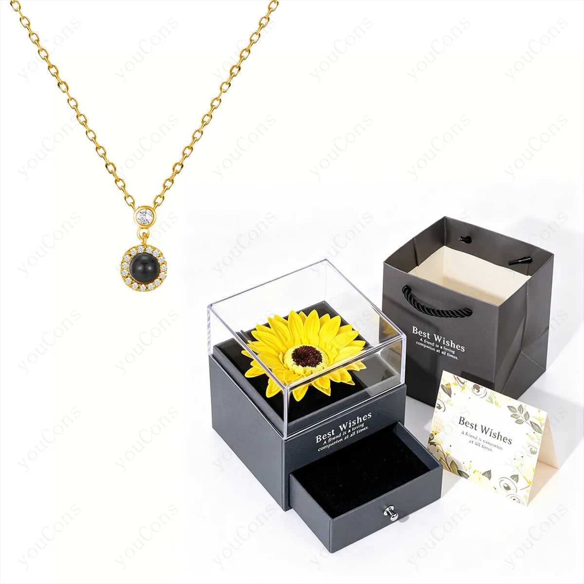 ❤️ Personalisierte Foto Projektions Halskette mit eigenem Bild – Edelstahl Anhänger mit Sonnenblumen Geschenkbox für Damen