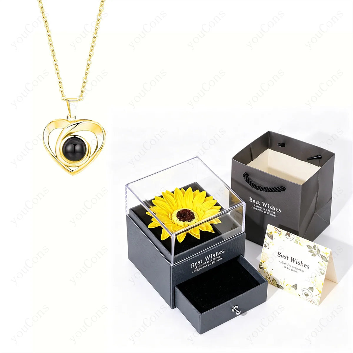 ❤️ Personalisierte Foto Projektions Halskette mit eigenem Bild – Edelstahl Anhänger mit Sonnenblumen Geschenkbox für Damen