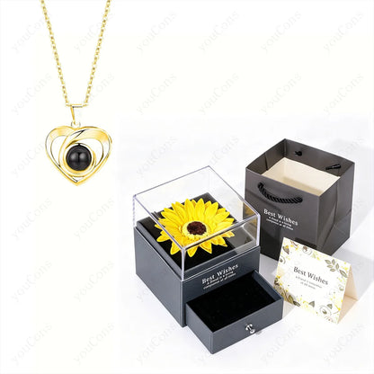 ❤️ Personalisierte Foto Projektions Halskette mit eigenem Bild – Edelstahl Anhänger mit Sonnenblumen Geschenkbox für Damen