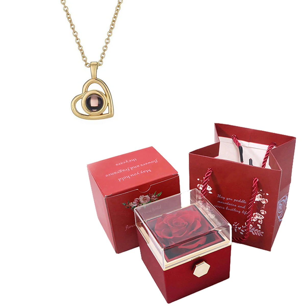 ❤️ Personalisierte Foto Projektions Halskette mit rotierender Rosen Geschenkbox – Herz Anhänger aus Edelstahl mit eigenem Bild für Damen
