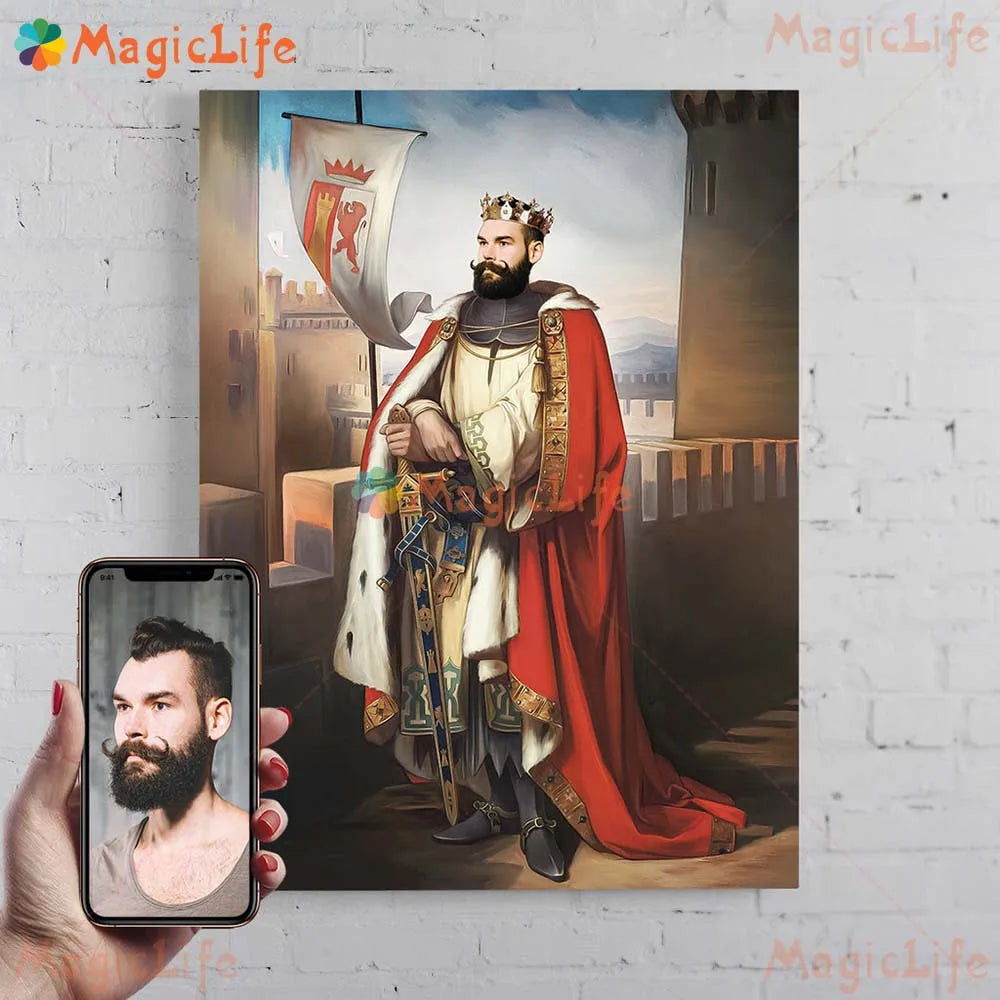 ✨ Personalisiertes Männer König & Prinz Portrait Poster – Vintage Leinwand Wandkunst