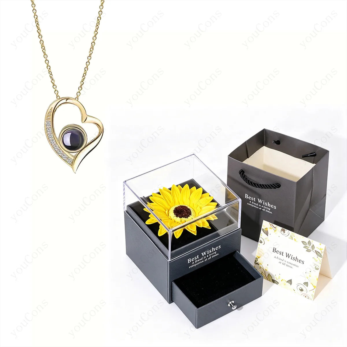 ❤️ Personalisierte Foto Projektions Halskette mit eigenem Bild – Edelstahl Anhänger mit Sonnenblumen Geschenkbox für Damen