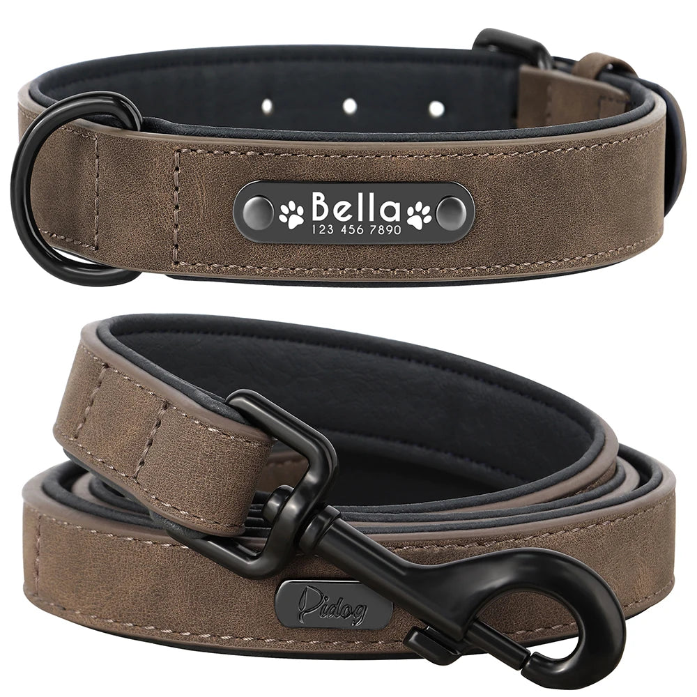🐶 Personalisiertes Leder-Hundehalsband mit Leine – Halsband & Führleine im Set