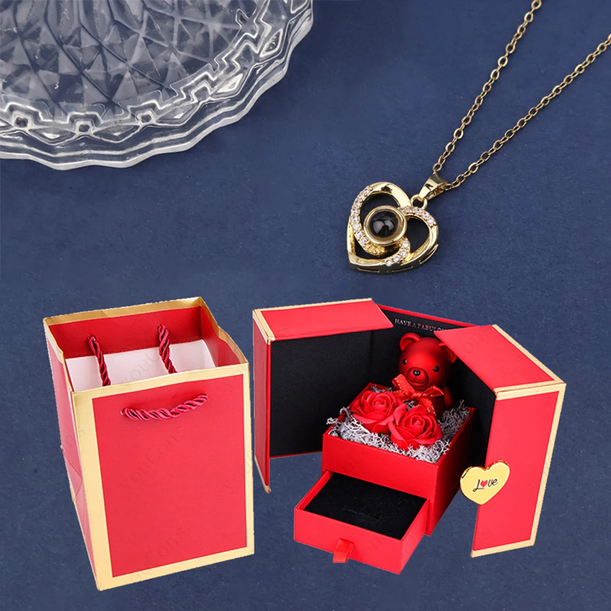 ❤️ Personalisierte Foto Projektions Halskette mit eigenem Bild – Herz Anhänger aus Edelstahl mit Bärchen Rosen Geschenkbox für Damen