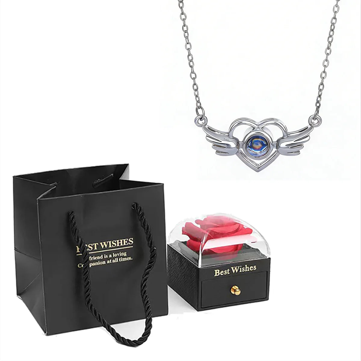 ❤️ Personalisierte Foto Projektions Halskette mit eigenem Bild – Herz Anhänger aus Edelstahl mit schwarzer Rosen Geschenkbox für Damen