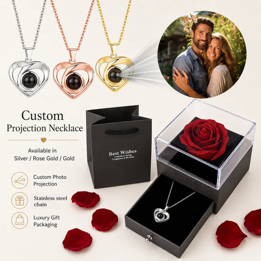 Personalisierte Foto Projektions Halskette mit Herz Anhänger aus Edelstahl und Kupfer in roter Rosen Geschenkbox mit individuellem Foto für Damen.