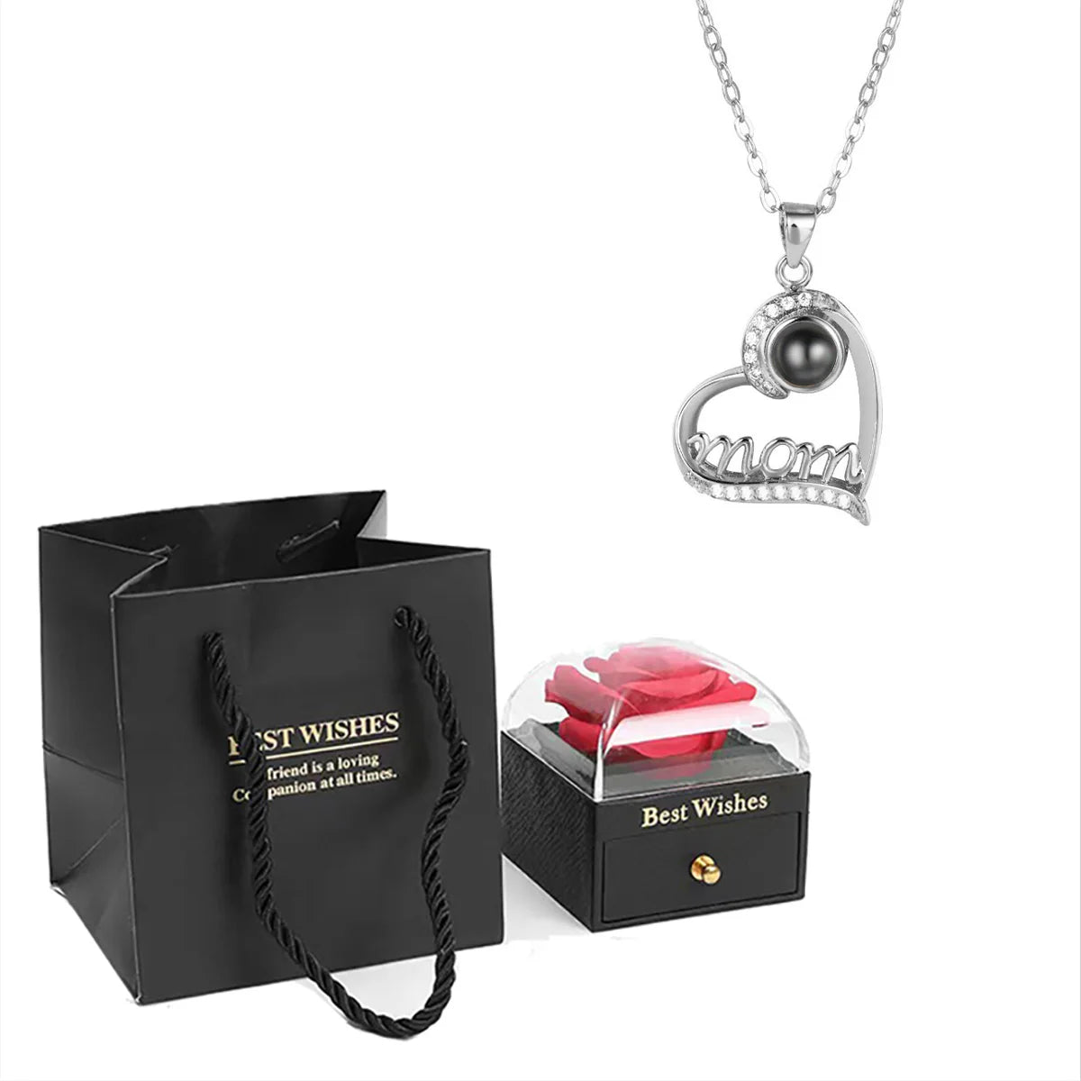❤️ Personalisierte Foto Projektions Halskette mit eigenem Bild – Herz Anhänger aus Edelstahl mit schwarzer Rosen Geschenkbox für Damen