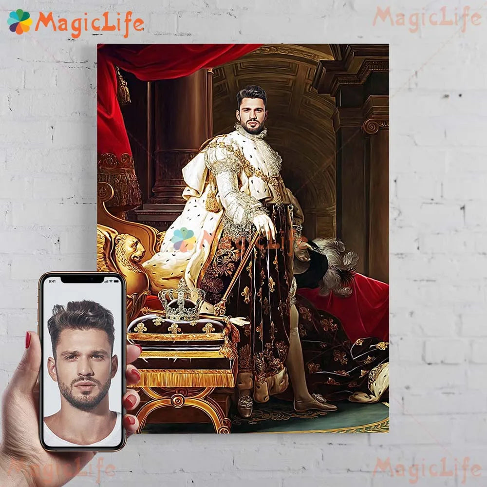 ✨ Personalisiertes Männer König & Prinz Portrait Poster – Vintage Leinwand Wandkunst