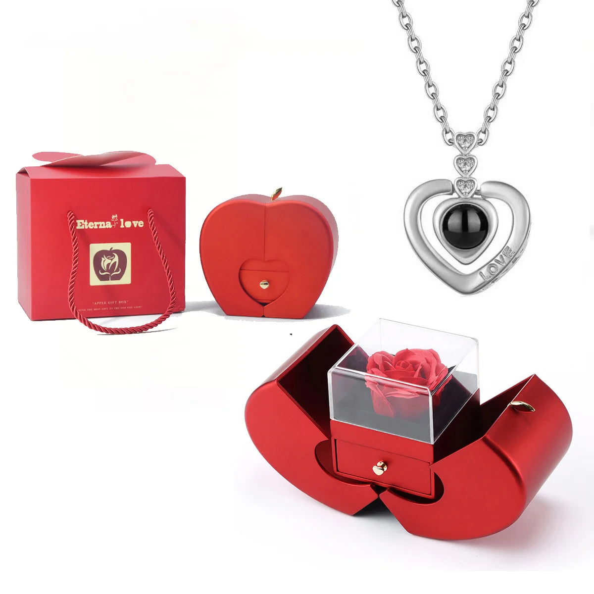 ❤️ Personalisierte Foto Projektions Halskette mit eigenem Bild – Herz Anhänger aus Edelstahl mit Apfelrosen Geschenkbox für Damen & Haustiere