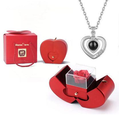 ❤️ Personalisierte Foto Projektions Halskette mit eigenem Bild – Herz Anhänger aus Edelstahl mit Apfelrosen Geschenkbox für Damen & Haustiere