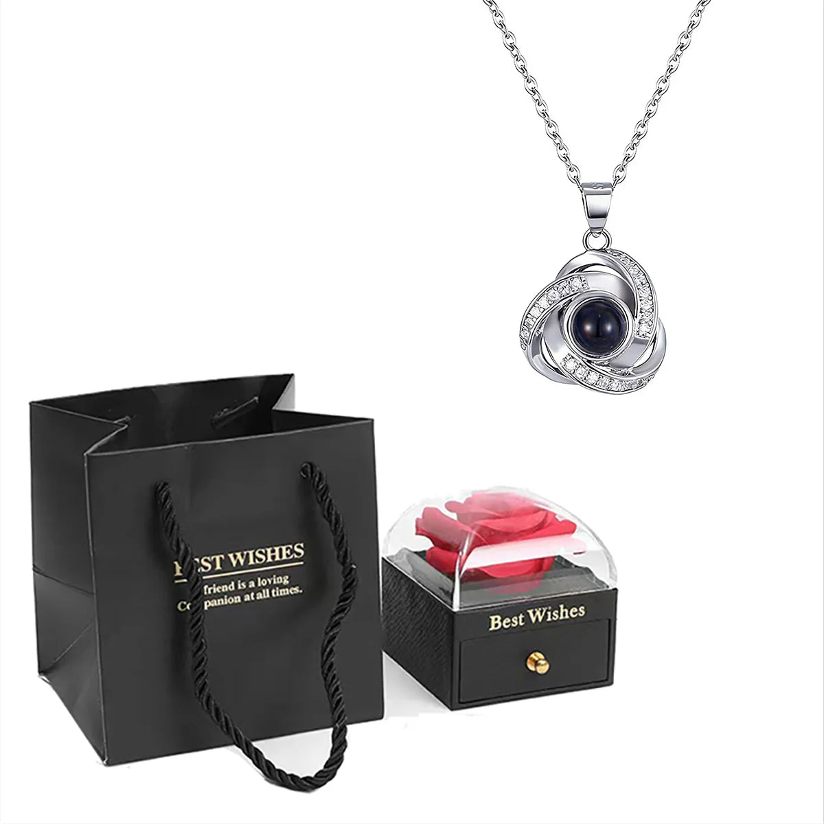 ❤️ Personalisierte Foto Projektions Halskette mit eigenem Bild – Herz Anhänger aus Edelstahl mit schwarzer Rosen Geschenkbox für Damen