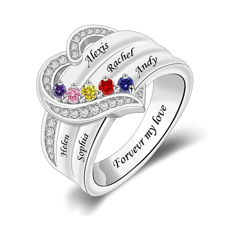 💍 Personalisierter Geburtsstein Ring mit Namen – 💎 Individueller Familienring mit Herz & Zirkonia – 🎁 Personalisiertes Geschenk für Frauen