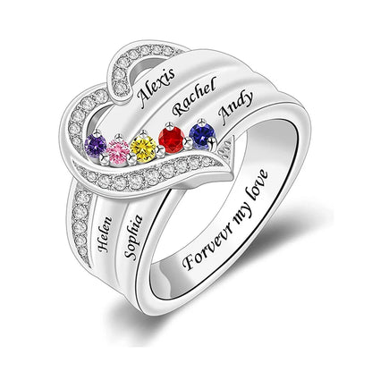 💍 Personalisierter Geburtsstein Ring mit Namen – 💎 Individueller Familienring mit Herz & Zirkonia – 🎁 Personalisiertes Geschenk für Frauen