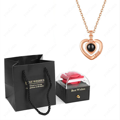 ❤️ Personalisierte Foto Projektions Halskette mit eigenem Bild – Herz Anhänger aus Edelstahl mit Rosen Geschenkbox für Damen