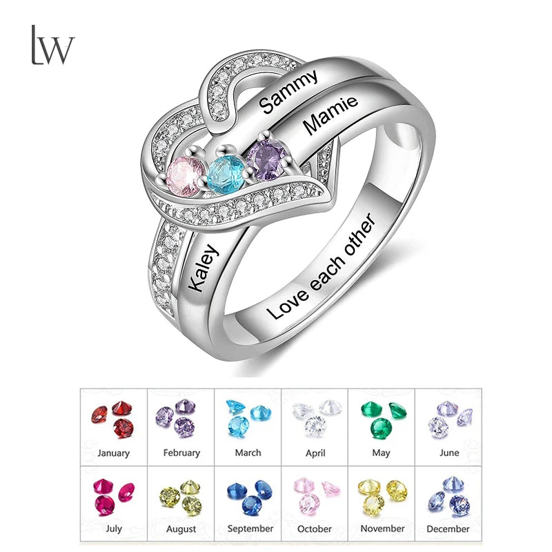 💍 Personalisierter Geburtsstein Ring mit Namen – 💎 Individueller Familienring mit Herz & Zirkonia – 🎁 Personalisiertes Geschenk für Frauen