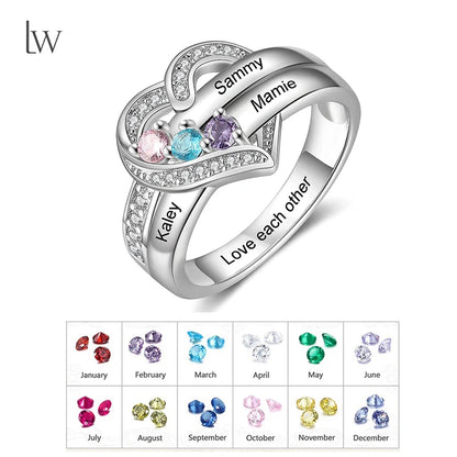 💍 Personalisierter Geburtsstein Ring mit Namen – 💎 Individueller Familienring mit Herz & Zirkonia – 🎁 Personalisiertes Geschenk für Frauen
