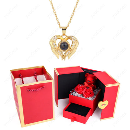 ❤️ Personalisierte Foto Projektions Halskette mit eigenem Bild – Herz Anhänger aus Edelstahl mit Bärchen Rosen Geschenkbox für Damen
